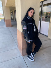 Load image into Gallery viewer, Secret Society Thrifters ANONYMOUS Varsity Black Letterman’s leather jacket| By Mes Deux Amis