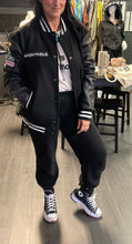 Load image into Gallery viewer, Secret Society Thrifters ANONYMOUS Varsity Black Letterman’s leather jacket| By Mes Deux Amis