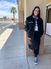 Load image into Gallery viewer, Secret Society Thrifters ANONYMOUS Varsity Black Letterman’s leather jacket| By Mes Deux Amis
