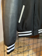 Load image into Gallery viewer, Secret Society Thrifters ANONYMOUS Varsity Black Letterman’s leather jacket| By Mes Deux Amis
